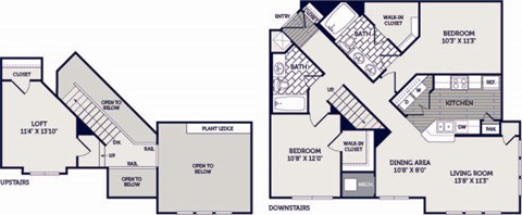 Floor plan for 2 beds, 2 baths, 1355 sqft